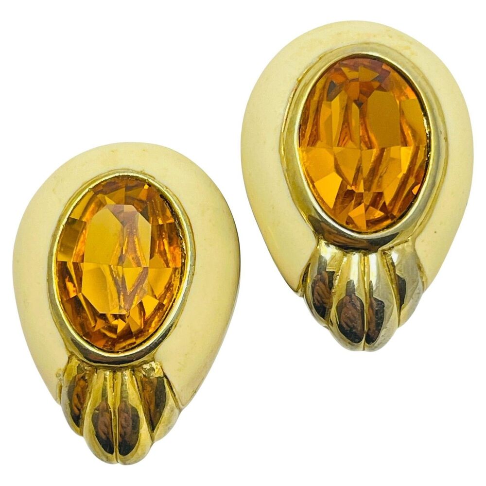 Vintage PISCITELLI signed gold tone enamel citrine glass designer clip earrings